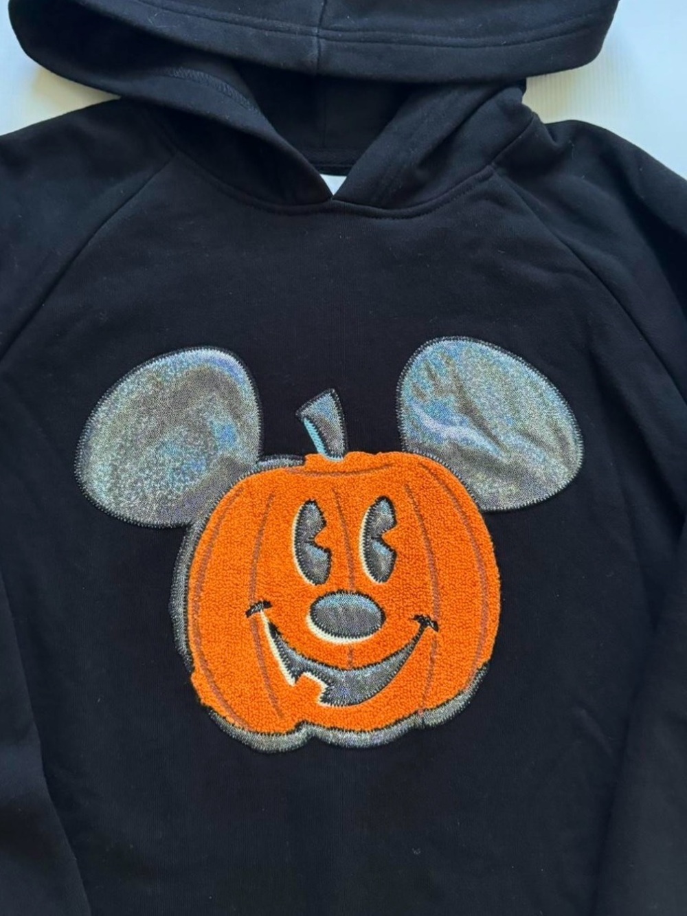 Disney Black Halloween Hoodie with Orange Chenille Pumpkin & Silver metallic Ear